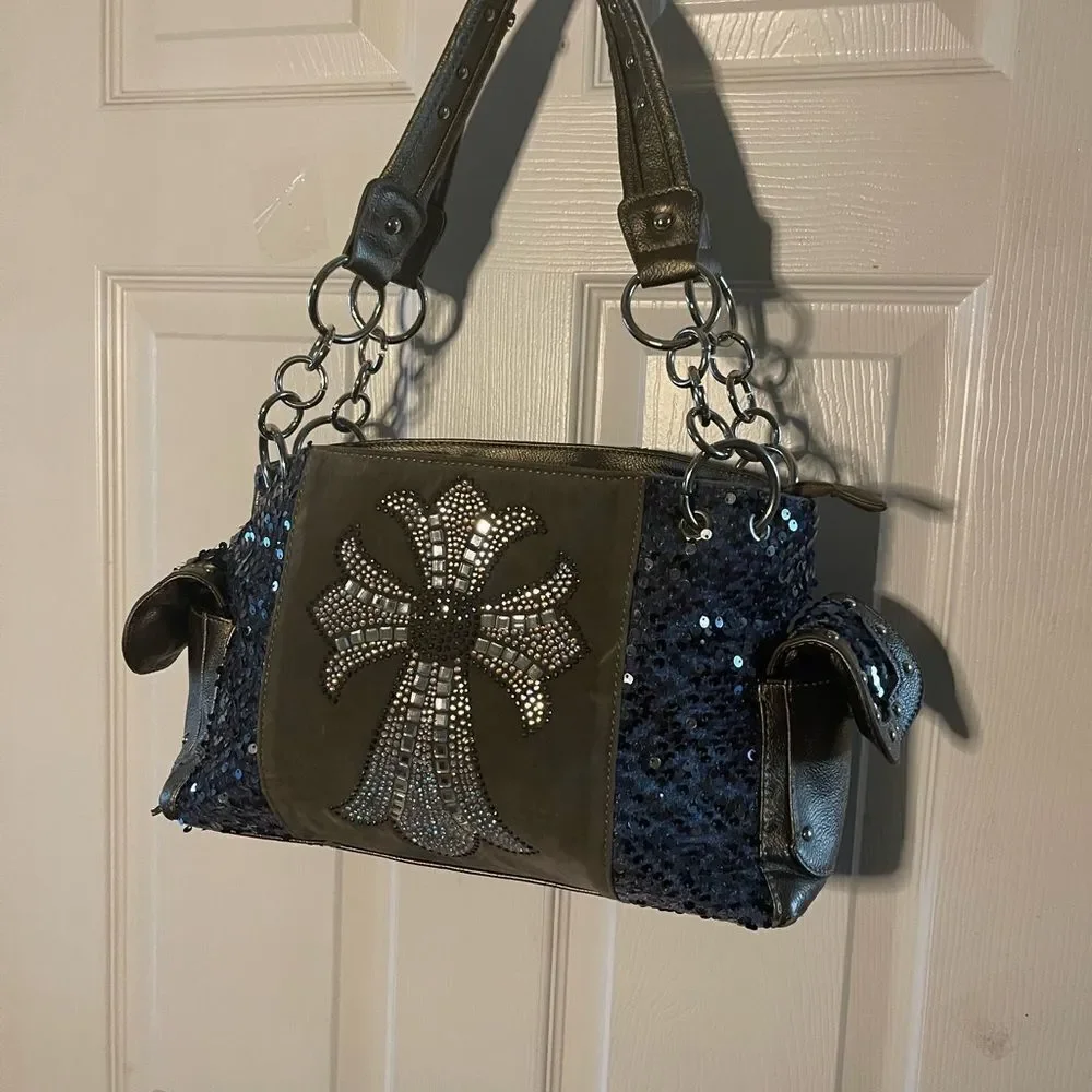 Stylish Blue &Silver Rhinestones cross embroidery & sequins metallic gray Bag